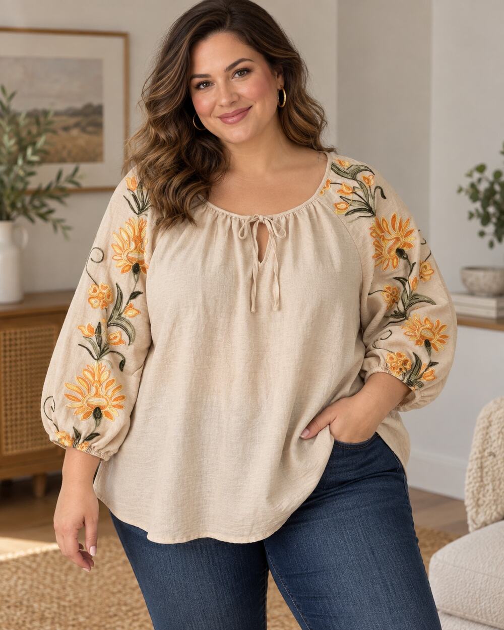 Olivia & Martin 3X Embroidered Floral Balloon Sleeve Boho Blouse